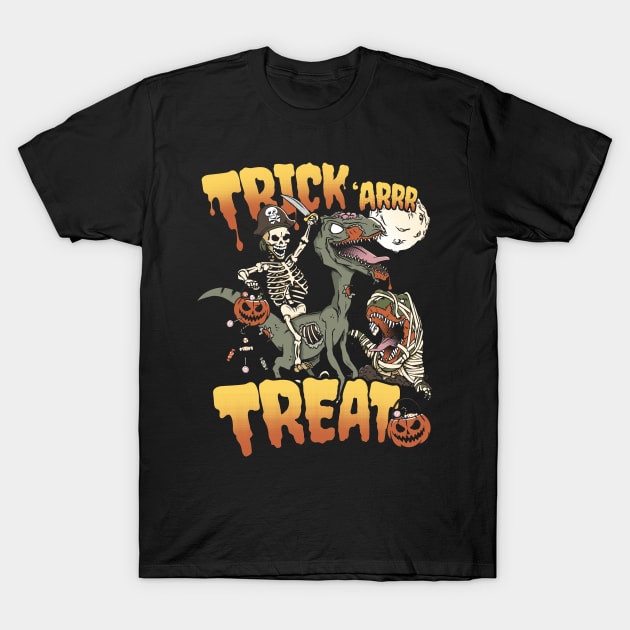 Pirate Skeleton Riding Zombie Dinosaur Velociraptor Halloween T-Shirt by NerdShizzle